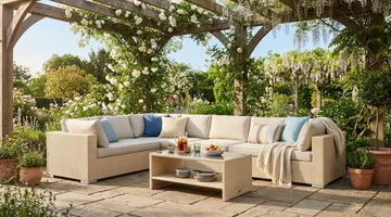 Bahamas L-formet utesofa høyre, 7-seters med bord og hylle - Beige - Hagemøbler & utemiljø - Loungemøbler - Loungegrupper