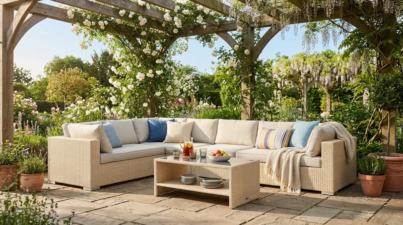 Bahamas L-formet utesofa høyre, 7-seters med bord og hylle - Beige - Hagemøbler & utemiljø - Loungemøbler - Loungegrupper