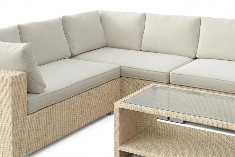 Bahamas L-formet utesofa høyre, 7-seters med bord og hylle - Beige - Hagemøbler & utemiljø - Loungemøbler - Loungegrupper