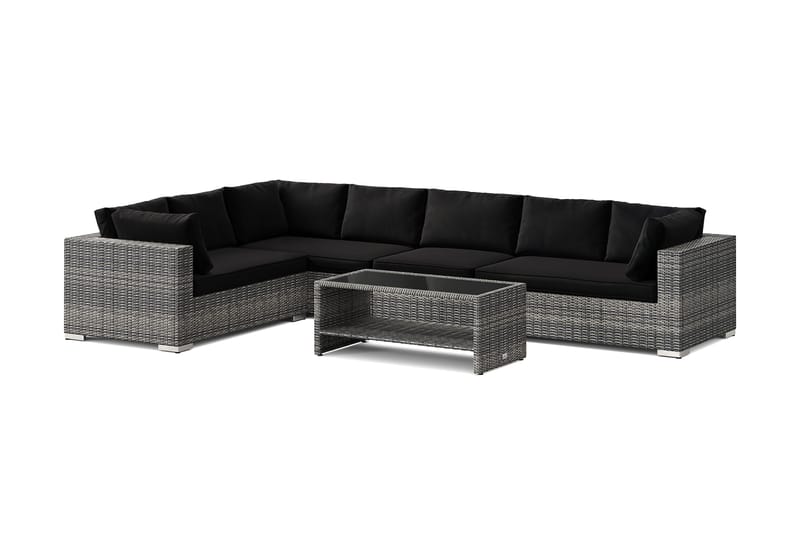 Bahamas L-formet utesofa høyre, 7-seters med bord og hylle, Grå