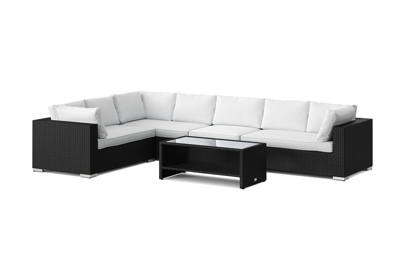 Bahamas L-formet utesofa høyre, 7-seters med bord og hylle, Svart