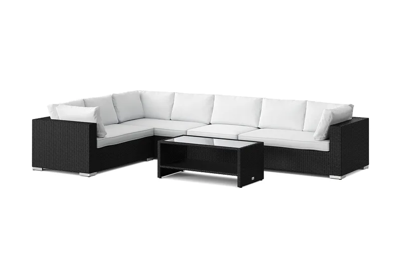 Bahamas L-formet utesofa høyre, 7-seters med bord og hylle, Svart