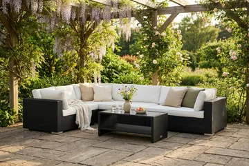 Bahamas L-formet utesofa høyre, 7-seters med bord og hylle - Svart - Hagemøbler & utemiljø - Loungemøbler - Loungegrupper