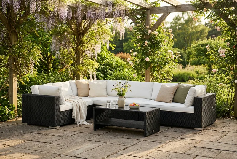Bahamas L-formet utesofa høyre, 7-seters med bord og hylle - Svart - Hagemøbler & utemiljø - Loungemøbler - Loungegrupper