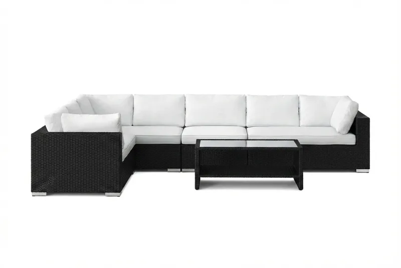 Bahamas L-formet utesofa høyre, 7-seters med bord og hylle - Svart - Hagemøbler & utemiljø - Loungemøbler - Loungegrupper