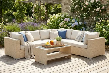 Bahamas L-formet utesofa venstre, 6-seters med bord og hylle - Beige - Hagemøbler & utemiljø - Loungemøbler - Loungegrupper