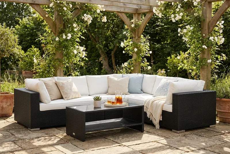 Bahamas L-formet utesofa venstre, 6-seters med bord og hylle - Svart - Hagemøbler & utemiljø - Loungemøbler - Loungegrupper