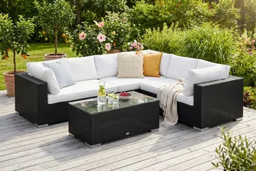 Bahamas L-formet utesofa venstre, 6-seters med bord - Svart - Hagemøbler & utemiljø - Loungemøbler - Loungegrupper