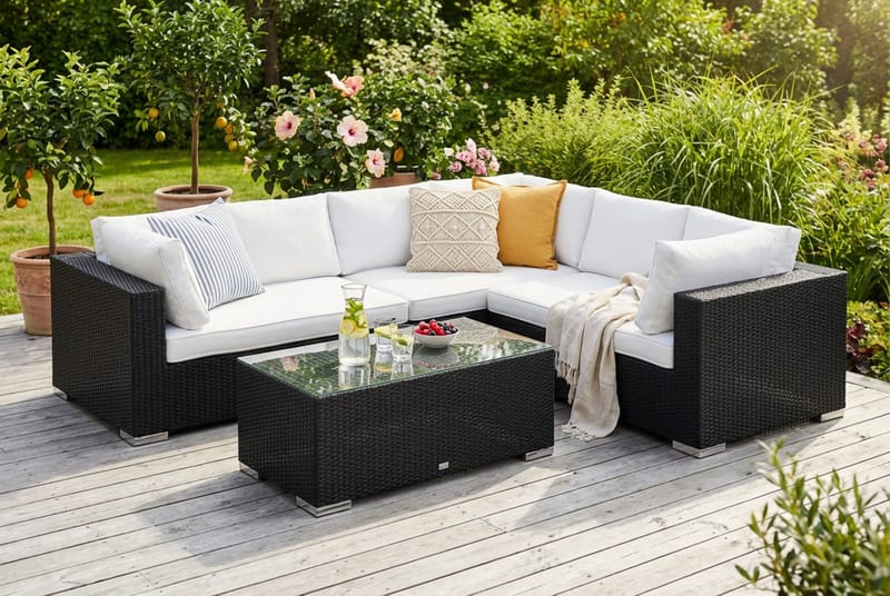 Bahamas L-formet utesofa venstre, 6-seters med bord - Svart - Hagemøbler & utemiljø - Loungemøbler - Loungegrupper