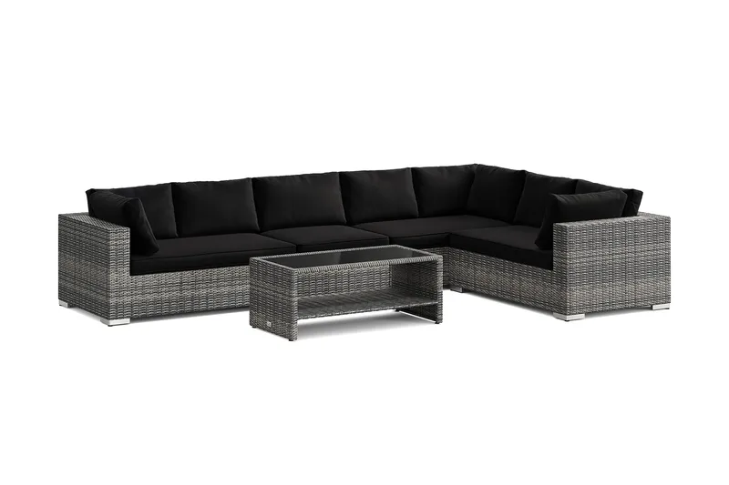 Bahamas L-formet utesofa venstre, 7-seters med bord og hylle, Grå