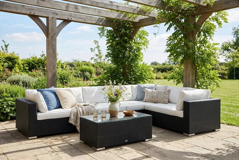 Bahamas L-formet utesofa venstre, 7-seters med bord - Svart - Hagemøbler & utemiljø - Loungemøbler - Loungegrupper