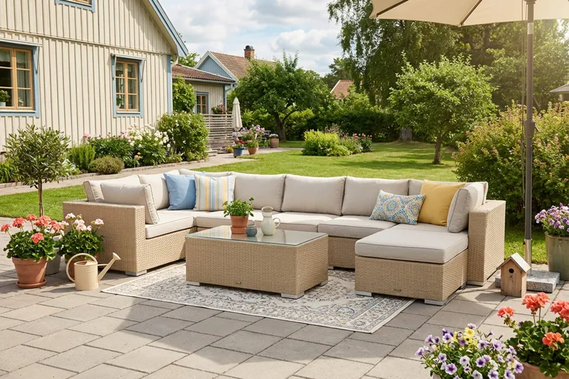 Bahamas U-formet utendørs loungegruppe 7-seters med vendbar divan og bord - Beige - Hagemøbler & utemiljø - Loungemøbler - Loungegrupper