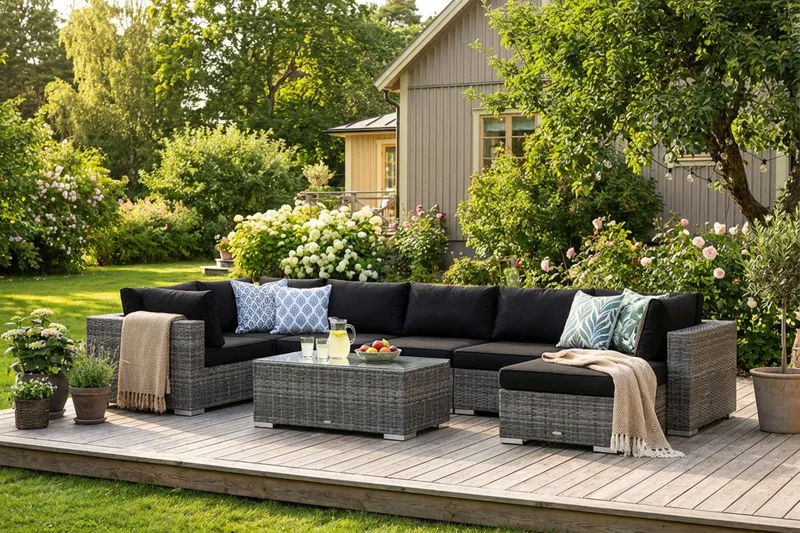 Bahamas U-formet utendørs loungegruppe 7-seters med vendbar divan og bord - Grå - Hagemøbler & utemiljø - Loungemøbler - Loungegrupper