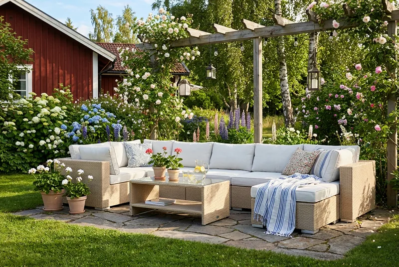 Bahamas U-formet utendørs loungegruppe 7-seters med vendbar divan og bord med hylle - Beige - Hagemøbler & utemiljø - Loungemøbler - Loungegrupper