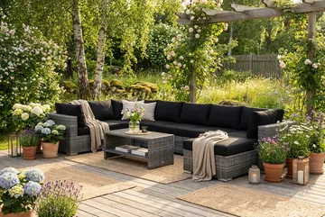 Bahamas U-formet utendørs loungegruppe 7-seters med vendbar divan og bord med hylle - Grå - Hagemøbler & utemiljø - Loungemøbler - Loungegrupper