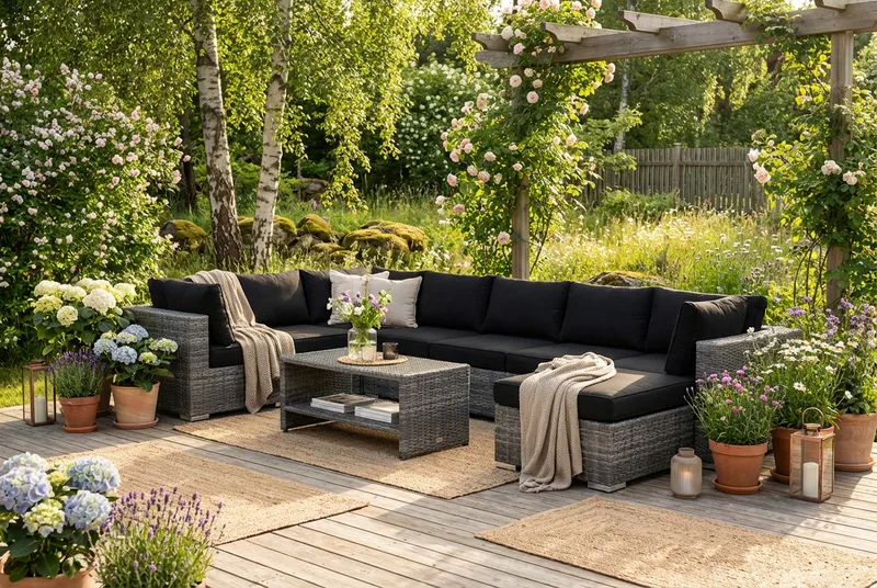 Bahamas U-formet utendørs loungegruppe 7-seters med vendbar divan og bord med hylle - Grå - Hagemøbler & utemiljø - Loungemøbler - Loungegrupper