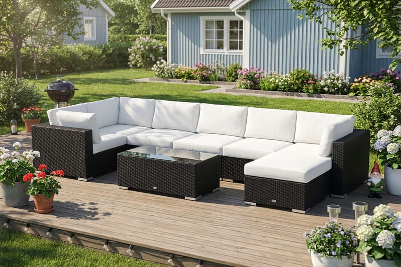 Bahamas U-formet utendørs loungegruppe 7-seters med vendbar divan og bord - Svart - Hagemøbler & utemiljø - Loungemøbler - Loungegrupper