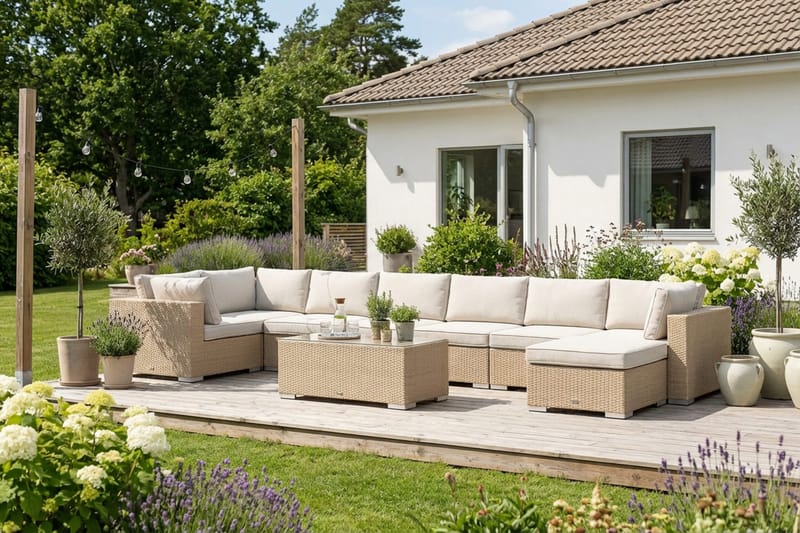 Bahamas U-formet utendørs loungegruppe 8-seters med vendbar divan og bord - Beige - Hagemøbler & utemiljø - Loungemøbler - Loungegrupper