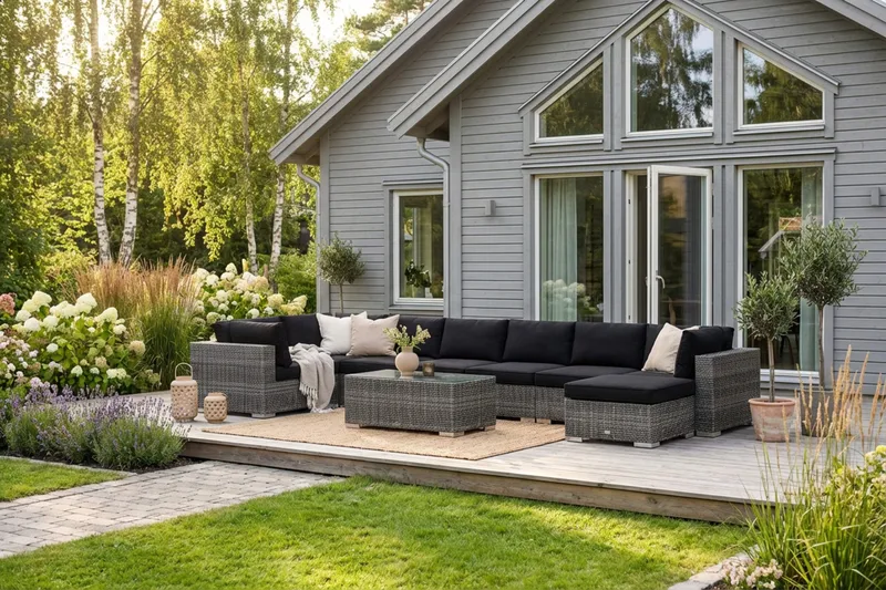 Bahamas U-formet utendørs loungegruppe 8-seters med vendbar divan og bord - Grå - Hagemøbler & utemiljø - Loungemøbler - Loungegrupper