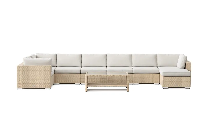 Bahamas U-formet utendørs loungegruppe 8-seters med vendbar divan og bord med hylle - Beige - Hagemøbler & utemiljø - Loungemøbler - Loungegrupper