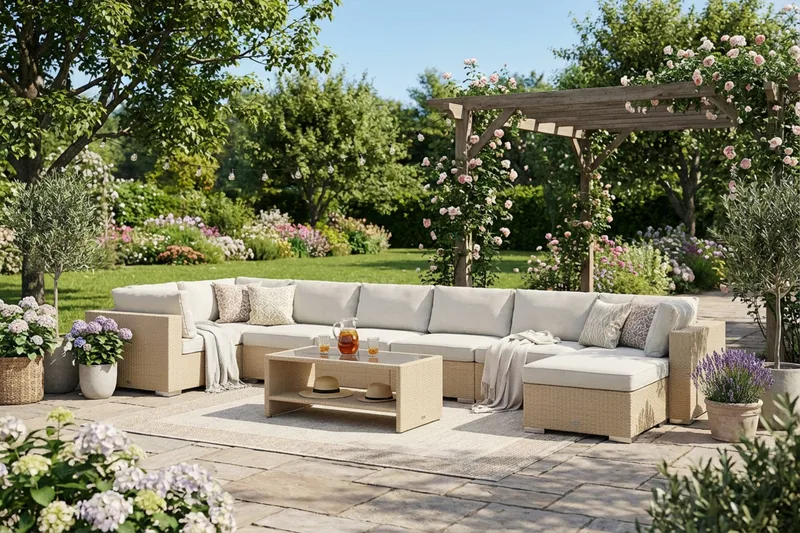 Bahamas U-formet utendørs loungegruppe 8-seters med vendbar divan og bord med hylle - Beige - Hagemøbler & utemiljø - Loungemøbler - Loungegrupper