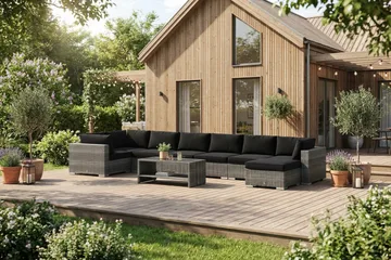 Bahamas U-formet utendørs loungegruppe 8-seters med vendbar divan og bord med hylle - Grå - Hagemøbler & utemiljø - Loungemøbler - Loungegrupper