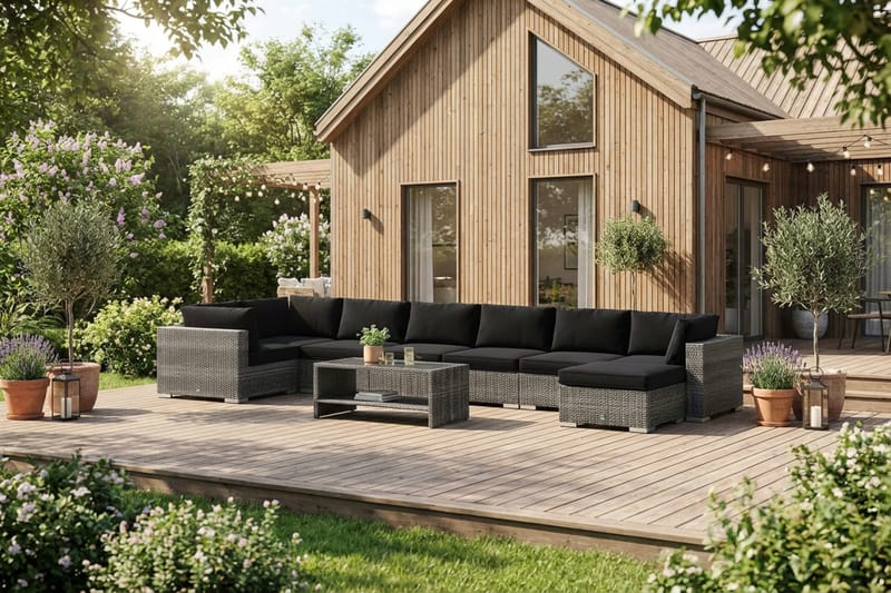 Bahamas U-formet utendørs loungegruppe 8-seters med vendbar divan og bord med hylle - Grå - Hagemøbler & utemiljø - Loungemøbler - Loungegrupper