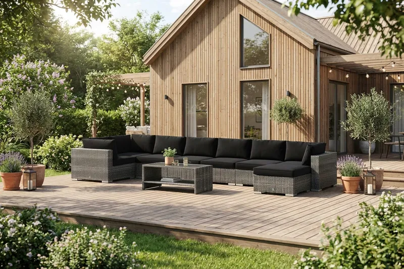 Bahamas U-formet utendørs loungegruppe 8-seters med vendbar divan og bord med hylle - Grå - Hagemøbler & utemiljø - Loungemøbler - Loungegrupper