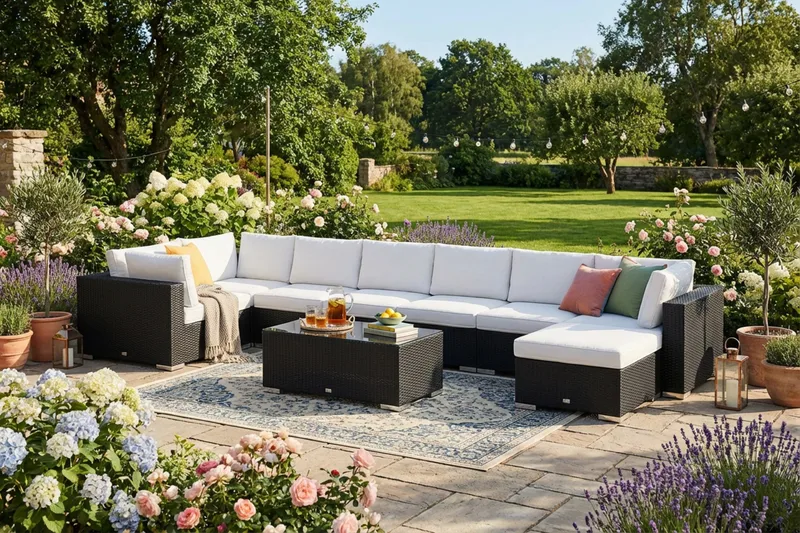 Bahamas U-formet utendørs loungegruppe 8-seters med vendbar divan og bord - Svart - Hagemøbler & utemiljø - Loungemøbler - Loungegrupper