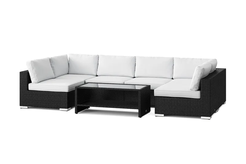 Bahamas U-formet utendørs loungegruppe med åpen avslutning, 6-seters med bord og hylle, Svart