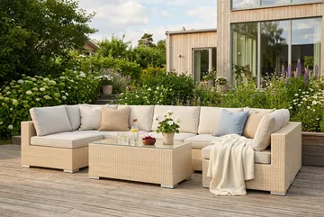 Bahamas U-formet utendørs loungegruppe med åpen avslutning, 7-seters med bord - Beige - Hagemøbler & utemiljø - Loungemøbler - Loungegrupper