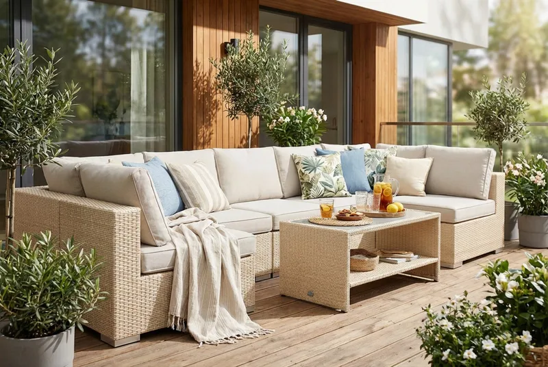 Bahamas U-formet utendørs loungegruppe med åpen avslutning, 7-seters med bord og hylle - Beige - Hagemøbler & utemiljø - Loungemøbler - Loungegrupper