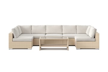 Bahamas U-formet utendørs loungegruppe med åpen avslutning, 7-seters med bord og hylle - Beige - Hagemøbler & utemiljø - Loungemøbler - Loungegrupper