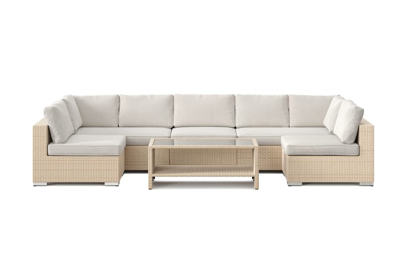 Bahamas U-formet utendørs loungegruppe med åpen avslutning, 7-seters med bord og hylle - Beige - Hagemøbler & utemiljø - Loungemøbler - Loungegrupper