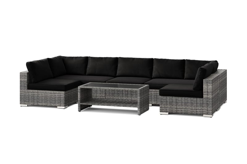 Bahamas U-formet utendørs loungegruppe med åpen avslutning, 7-seters med bord og hylle, Grå