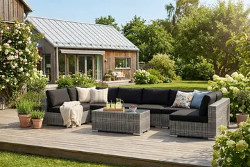 Bahamas U-formet utendørs loungegruppe med åpen avslutning, 8-seters med bord - Grå - Hagemøbler & utemiljø - Loungemøbler - Loungegrupper