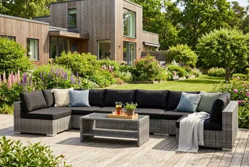 Bahamas U-formet utendørs loungegruppe med åpen avslutning, 8-seters med bord og hylle - Grå - Hagemøbler & utemiljø - Loungemøbler - Loungegrupper