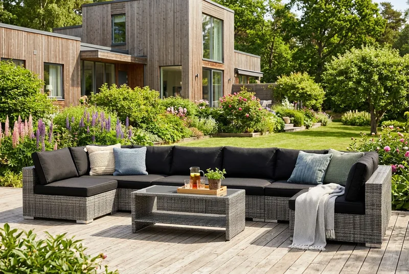 Bahamas U-formet utendørs loungegruppe med åpen avslutning, 8-seters med bord og hylle - Grå - Hagemøbler & utemiljø - Loungemøbler - Loungegrupper