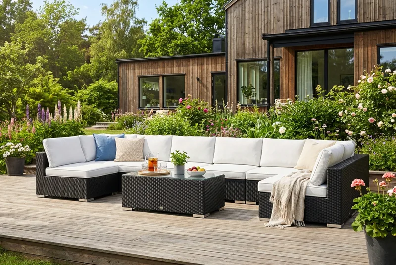 Bahamas U-formet utendørs loungegruppe med åpen avslutning, 8-seters med bord - Svart - Hagemøbler & utemiljø - Loungemøbler - Loungegrupper