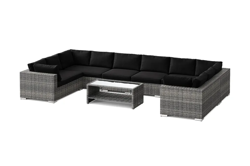 Bahamas U-formet utendørs loungegruppe med lukket avslutning, 10-seters med bord og hylle, Grå