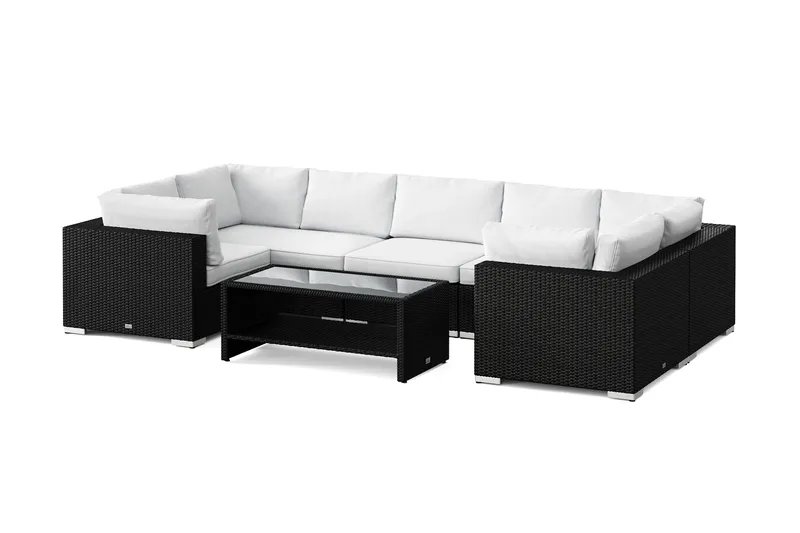 Bahamas U-formet utendørs loungegruppe med lukket avslutning, 7-seters med bord og hylle, Svart
