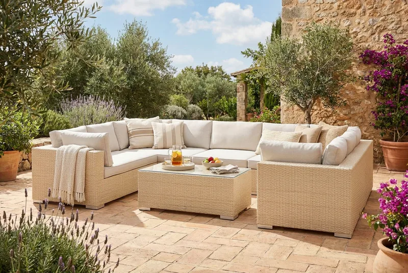 Bahamas U-formet utendørs loungegruppe med lukket avslutning, 9-seters med bord - Beige - Hagemøbler & utemiljø - Loungemøbler - Loungegrupper
