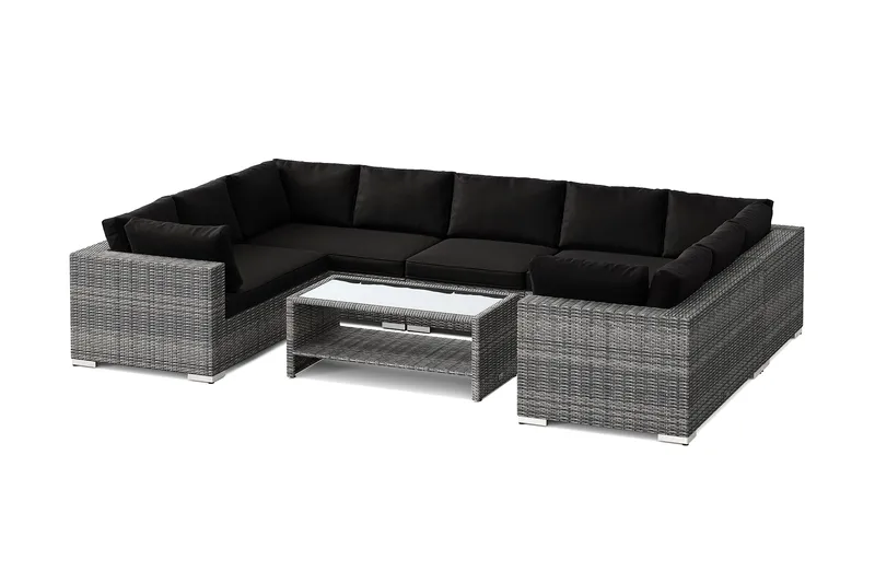 Bahamas U-formet utendørs loungegruppe med lukket avslutning, 9-seters med bord og hylle, Grå
