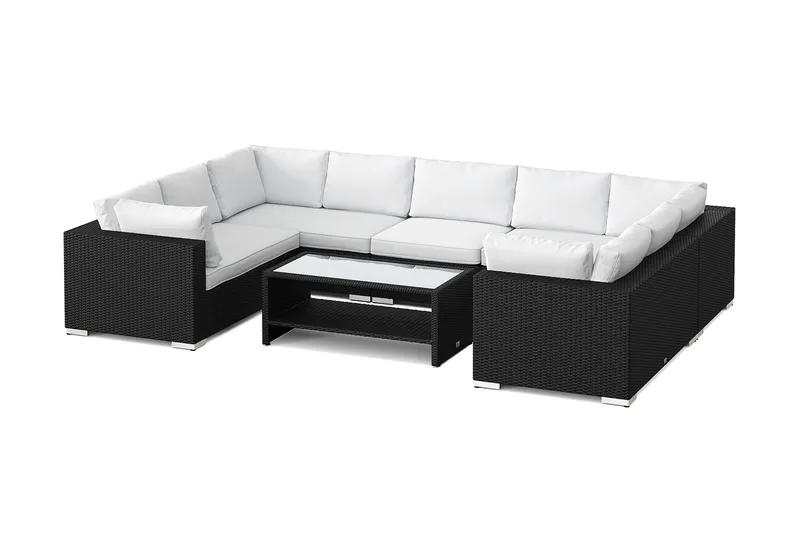 Bahamas U-formet utendørs loungegruppe med lukket avslutning, 9-seters med bord og hylle, Svart