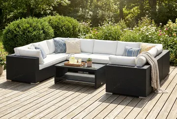 Bahamas U-formet utendørs loungegruppe med lukket avslutning, 9-seters med bord og hylle - Svart - Hagemøbler & utemiljø - Loungemøbler - Loungegrupper