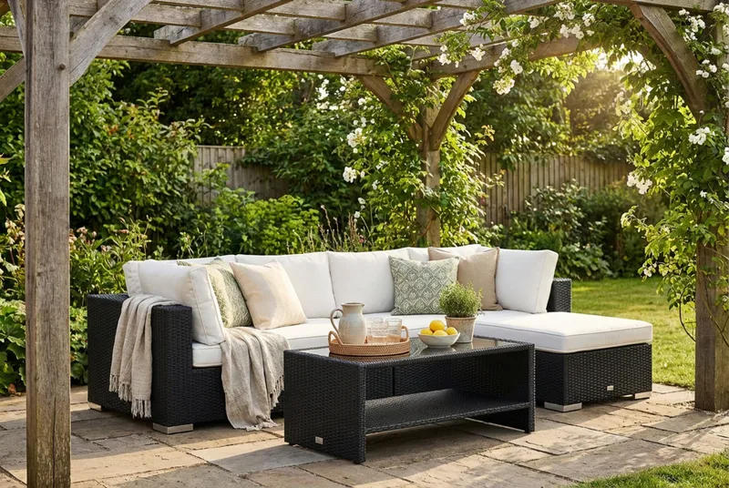 Bahamas utendørs divansofa 5-seters med vendbar divan og bord med hylle - Svart - Hagemøbler & utemiljø - Loungemøbler - Loungegrupper