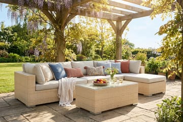 Bahamas utendørs divansofa 6-seters med vendbar divan og bord - Beige - Hagemøbler & utemiljø - Loungemøbler - Loungegrupper