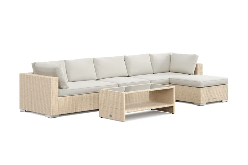 Bahamas utendørs divansofa 6-seters med vendbar divan og bord med hylle, Beige