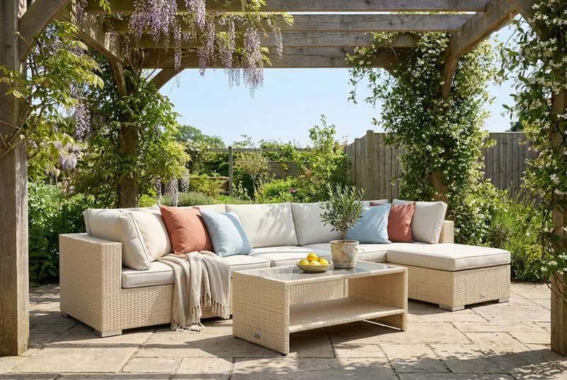 Bahamas utendørs divansofa 6-seters med vendbar divan og bord med hylle - Beige - Hagemøbler & utemiljø - Loungemøbler - Loungegrupper