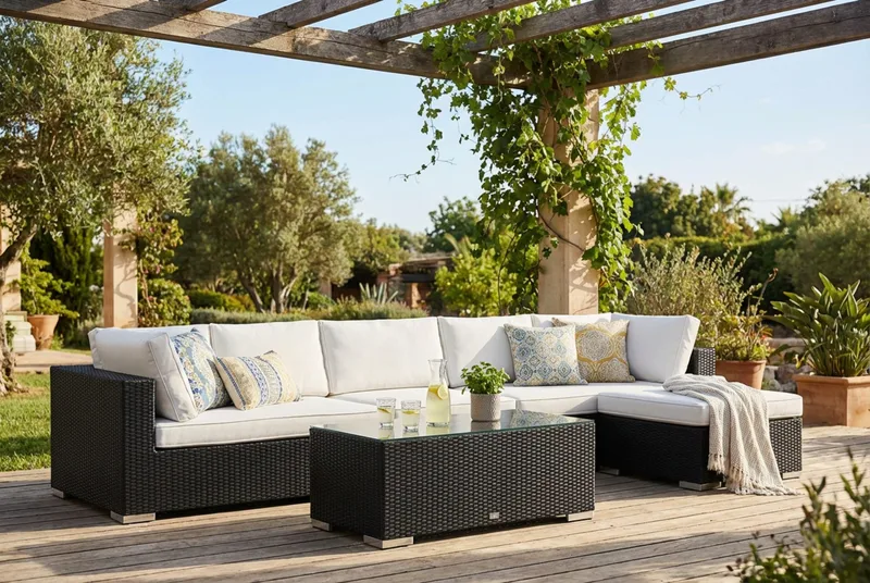 Bahamas utendørs divansofa 6-seters med vendbar divan og bord - Svart - Hagemøbler & utemiljø - Loungemøbler - Loungegrupper